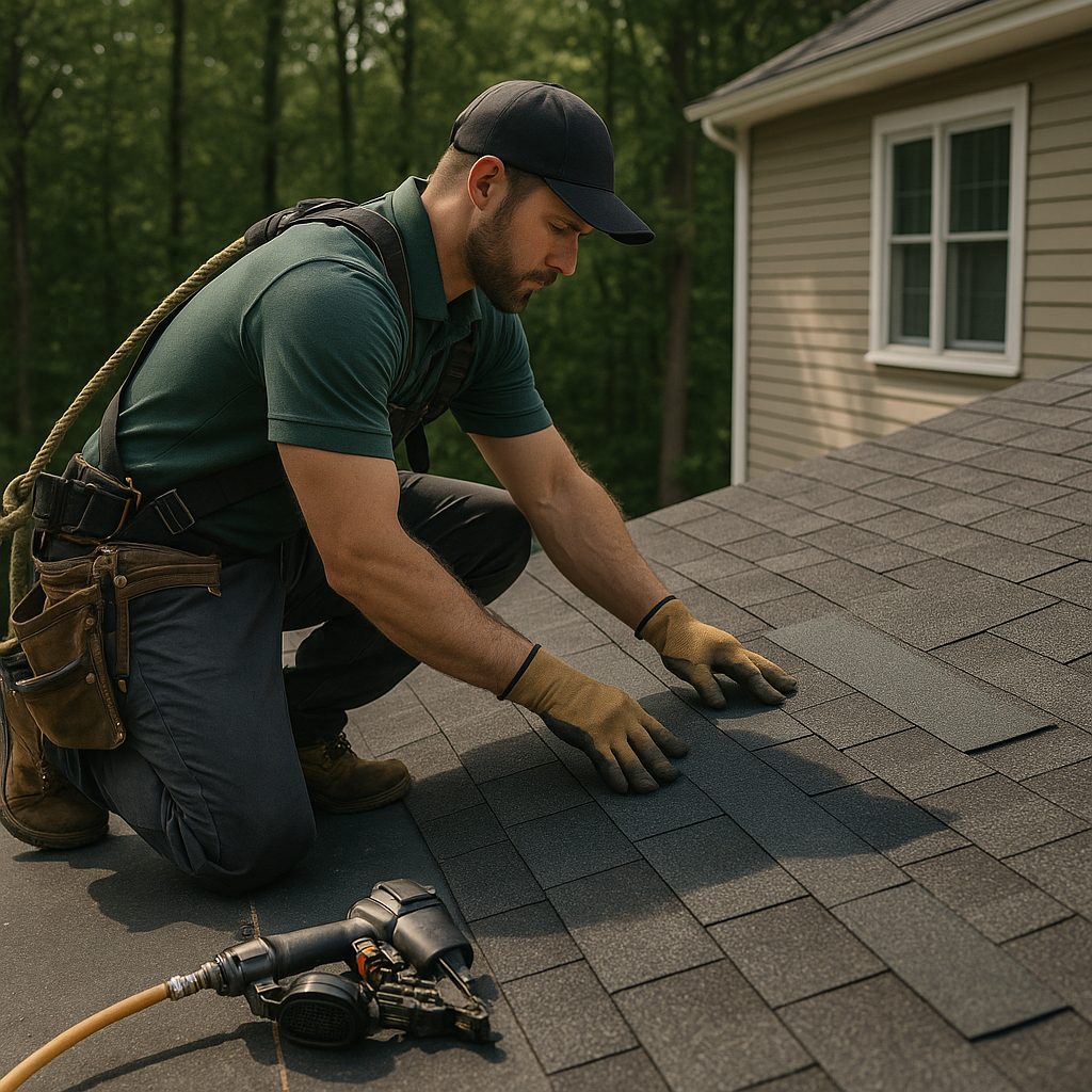 Premium roofing contractor inspecting roof installation with professional equipment