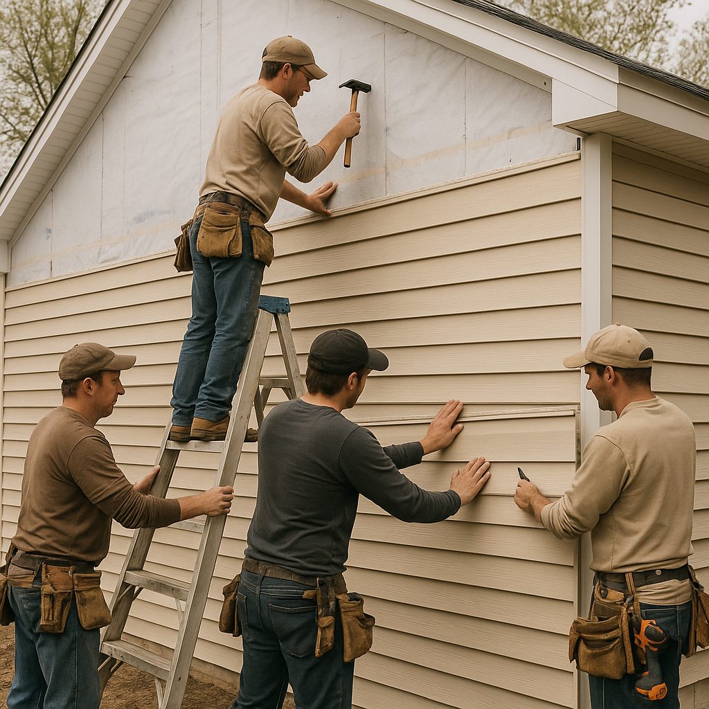 Professional team actively installing vinyl siding panels on residential home exterior