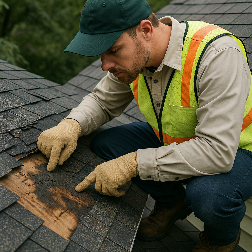Close-up of damaged roof shingles showing wear and leak damage before repair